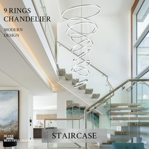 9 Rings D39.4in Modern LED Chandelier Silver Dimmable High Ceiling Foyer Chandeliers Entryway with Remote Control for Staircase Entryway Living Room Foyer (Silver / 9 Rings 39.4in)