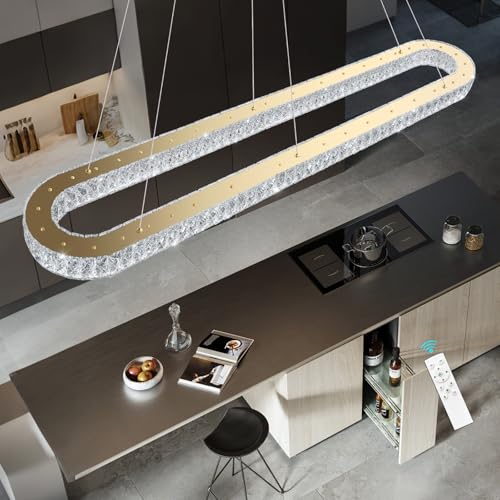 Modern Oval Crystal Chandelier for Dining Room Rectangular Ceiling Light Fixture Dimmable LED Chandeleirs for Living Room Kitchen Island Gold (Gold / Oval 59" x 12")