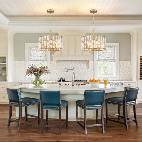 Farmhouse Crystal Convertible Chandelier and Semi Flush Mount Lighting Gold Cylinder Drum Shade Pendant for Kitchen Island Dining Room Bedroom Hallway (Gold-4 Lights)