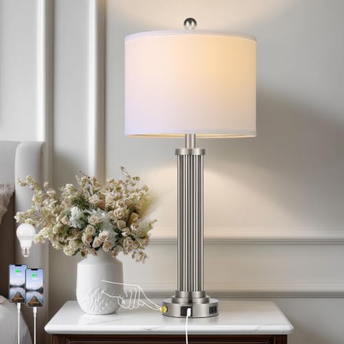 28" Tall Modern Table Lamp with USB C+A Ports and AC Outlet (Silver-1 Pack)