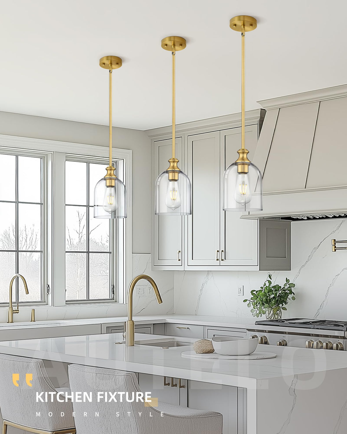 Modern Gold Pendant Lights Kitchen Island Cylinder Glass (1 Pack-Brushed Gold+Clear Glass(Easy to install))