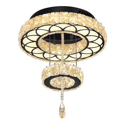 Dia 12" Crystal Mini Chandelier Crystal Black Ceiling Light Fixtures LED Flush Mount Ceiling Light for Living Room Bedrooms Dining Room Dimmable 2700k 4500k 6000k (Black / W:12inches)