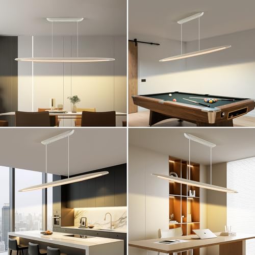 Minimalist Linear Pendant Light Dimmable LED Modern Chandelier Dining Room Island Light Restaurant Cafe Bar Office Hanging Lamp (White / 51 Inch)