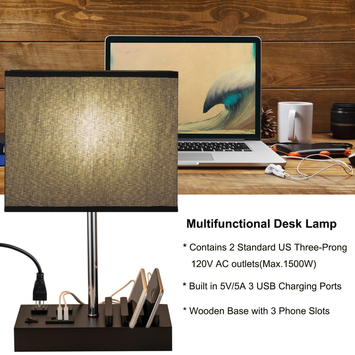 Multi Functional Table Lamp with 3 USB Charging Ports & 2 AC Outlet (Black Lamp Shade)