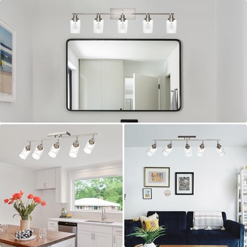 5 Light Brushed Nickel Kitchen Track Lighting Fixtures Ceiling Mount Track Lighting Kit with Bubble Seeded Glass Shade Modern Bathroom Tracking Vanity Lights Ceiling Tracking Accent Shop Light (Brushed Nickel / 5-Light)