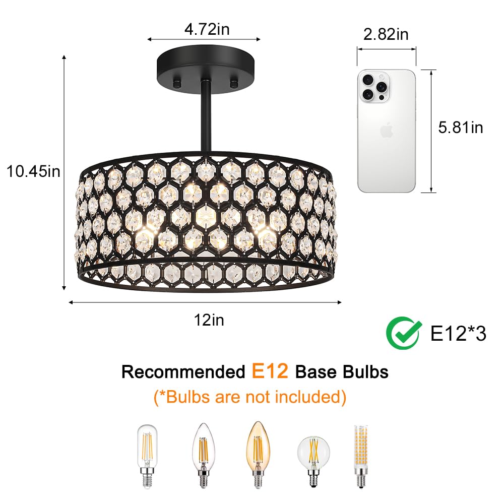 Black Crystal Ceiling Light Fixture (12in - 3 light - B / Black)