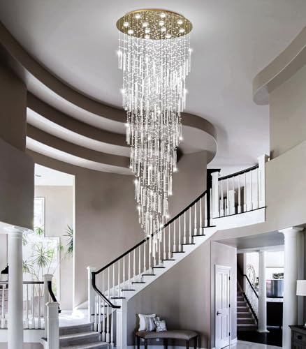 98'' Modern Crystal Chandelier High Ceiling Chandeliers for Entryway Large Raindrop Chandeliers LED Dimmable Flush Mount Light Fixtures for Staircaes Foyer Hallway Living Room LED Bulbs Included Gold (D32'' x H100'' Gold)