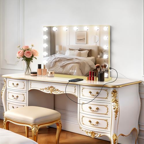 Vanity Mirror with Lights (Gold / 28"L x 20"W)