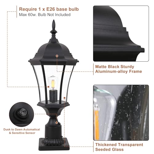 24 Inch Large Dusk to Dawn Outdoor Post Lights Aluminum Black Exterior Post Pole Lamps Outside Pathway Column Lights (Black)