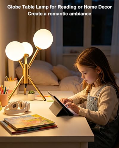 Tripod Globe Table Lamp for Bedroom Dimmable G9 Bulbs Included (07-Gold-Globe-Tripod Sputnik)