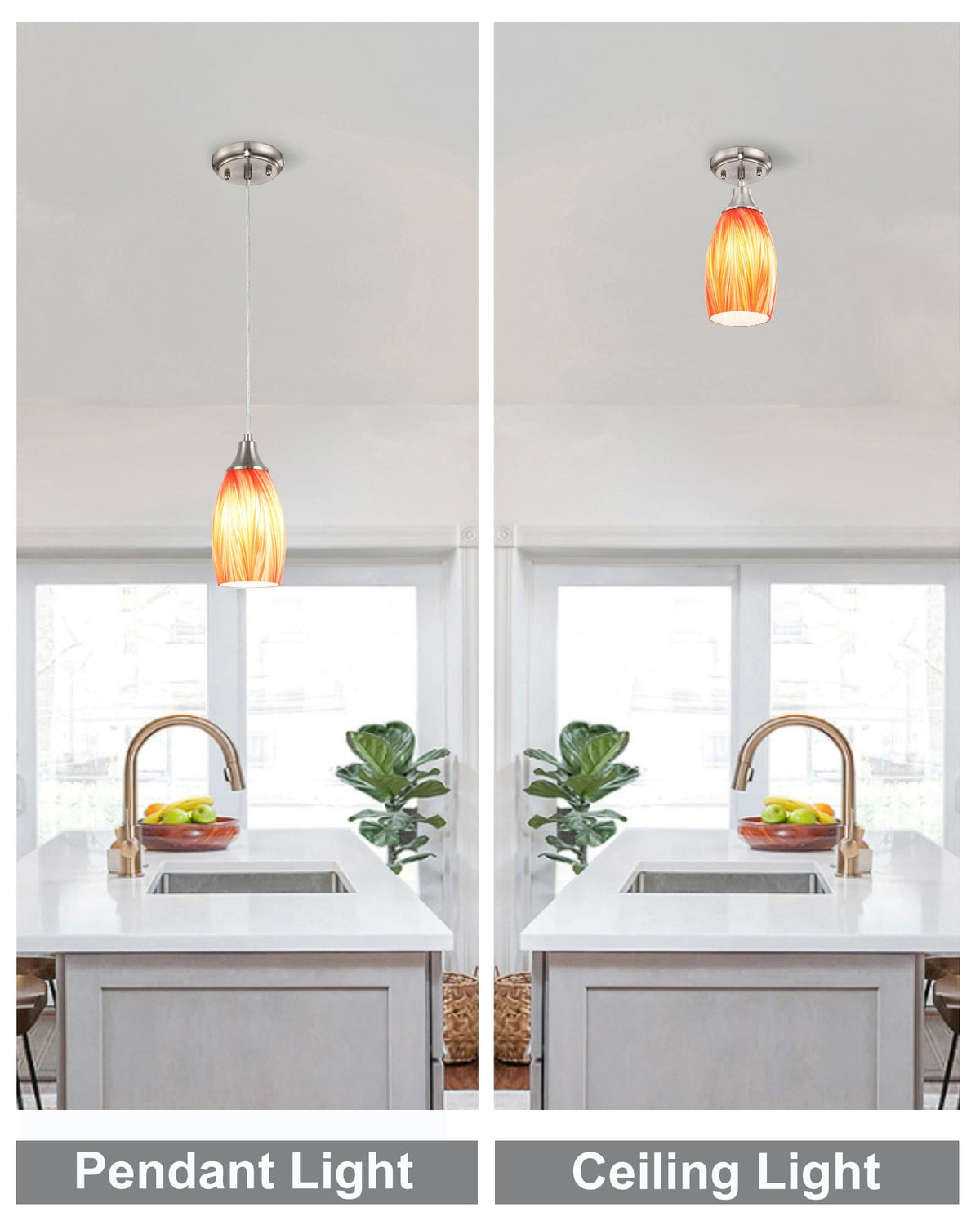 Glass Pendants Lights Kitchen Island Handcrafted Art Glass Mini Pendant Light Fixtures Oval Pendant Light Shade with Brush Nickel Finish Adjustable Cord for Kitchen Over Sink (Mixed Red Orange and Yellow -1Pack)