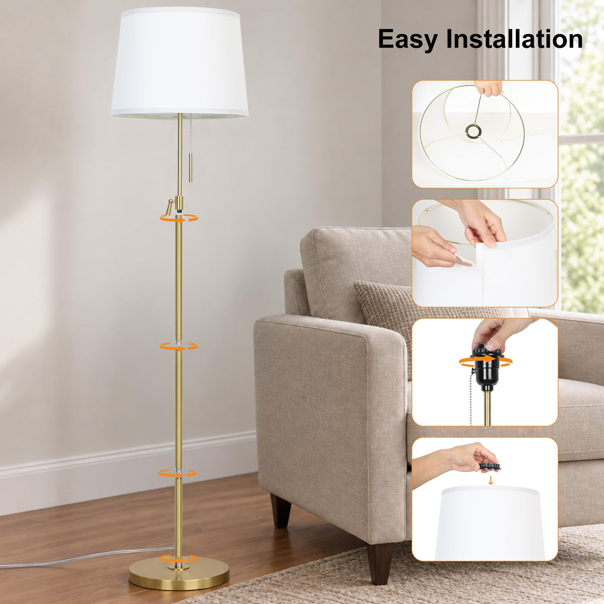 52" 63" Gold Adjustable Floor Lamp (Gold+White Linen Shade)