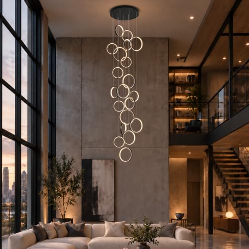 Modern 20 Ring Black LED Chandelier for High Ceilings (Black/20-Lights(circle,dimmable))