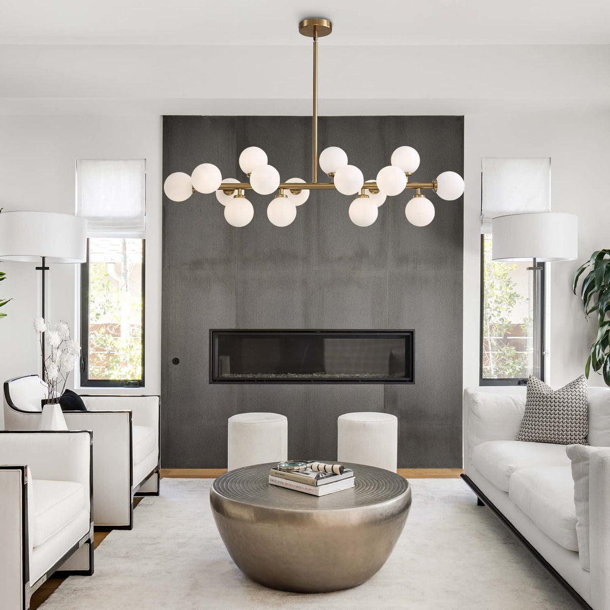 Gold Dining Room Chandelier Over Table Mid Century Modern Chandelier White Glass Globe Lampshade Linear Pendant Lighting Fixture for Living Room Dining Table 16 Lights (Gold)