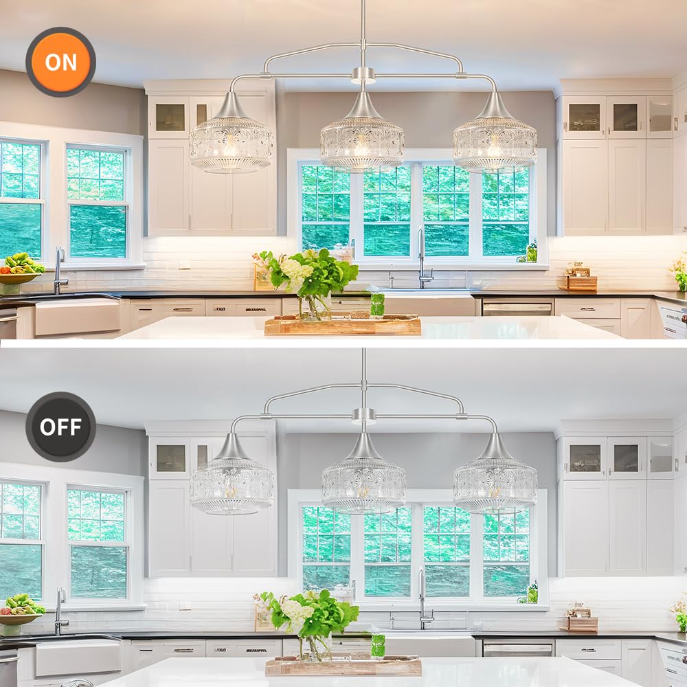 DSMJFU 3 Light Island Light for Kitchen Adjustable Kitchen Island Lighting (Nickel+Clear Glass / 37.4in)