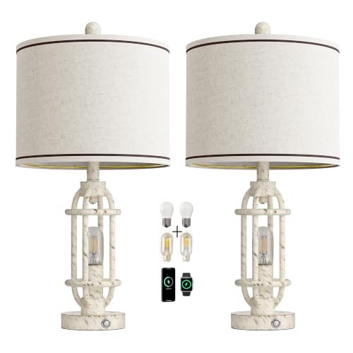 23.75'' Table Lamps Set of 2 for Living Room Bedroom Industrial Farmhouse Metal Touch Lamps with USB A+C Ports (23.75'' White - Set of 2)