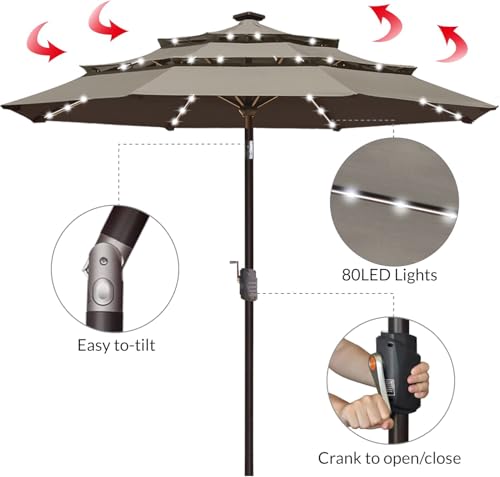 USA 10-Year-Non-Fading 9ft 3-Tier Market Patio Umbrella, Commercial Table Umbrella with 80 Solar LED Lights, Crank Open, Windproof & UPF 50+ UV Protection for Garden, Deck, Pool, Backyard, Taupe (Taupe / 9 FT(Triple Vents Tilt))