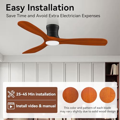 52Inch Wood Smart Flush Mount Ceiling Fans with Lights Remote (Wood& Black)