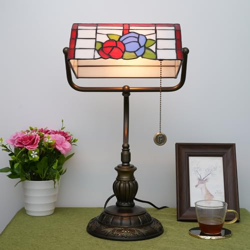 Tiffany Bankers Lamp Red Blue Rose Flowers Stained Glass Desk Lamp with Zipper Pull Chain Tiffany Style Vintage Bedroom Bedside Light Adjustable Angle Aesthetic Antique Accent Reading Desk Light (Red Blue Rose Flowers)