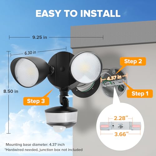 34W 3700 Lumen LED Security Light Motion Sensor Outdoor Lights with Night Light (Black / 1 Pcs)