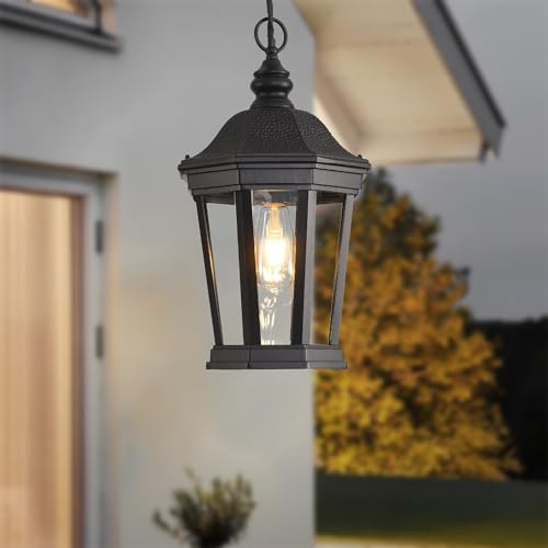 Large Outdoor Pendant Light 17.9" Black Hanging Lantern Lights (Black & Clear Glass / 17.9 inch-Pendant)