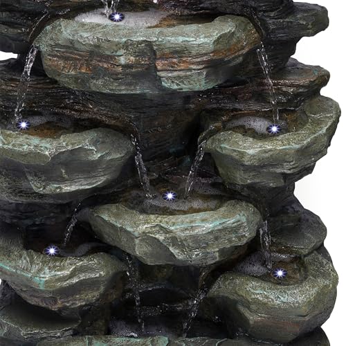 WIN930 Outdoor Multitiered Cascading Rock Garden Water Floor Fountain with LED Lights (39" H - 89 Cool White Leds)
