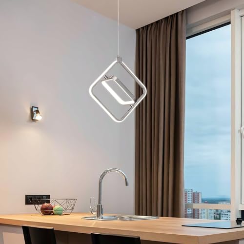 Modern LED Chandelier Chrome Rectangular Pendant Light Fixtures 4000K 20W Dimmable Height Adjustable Pendant Lighting for Dining Room Kitchen Island Bedroom Living Room Foyer(1 (Chrome / Square-1Pack)