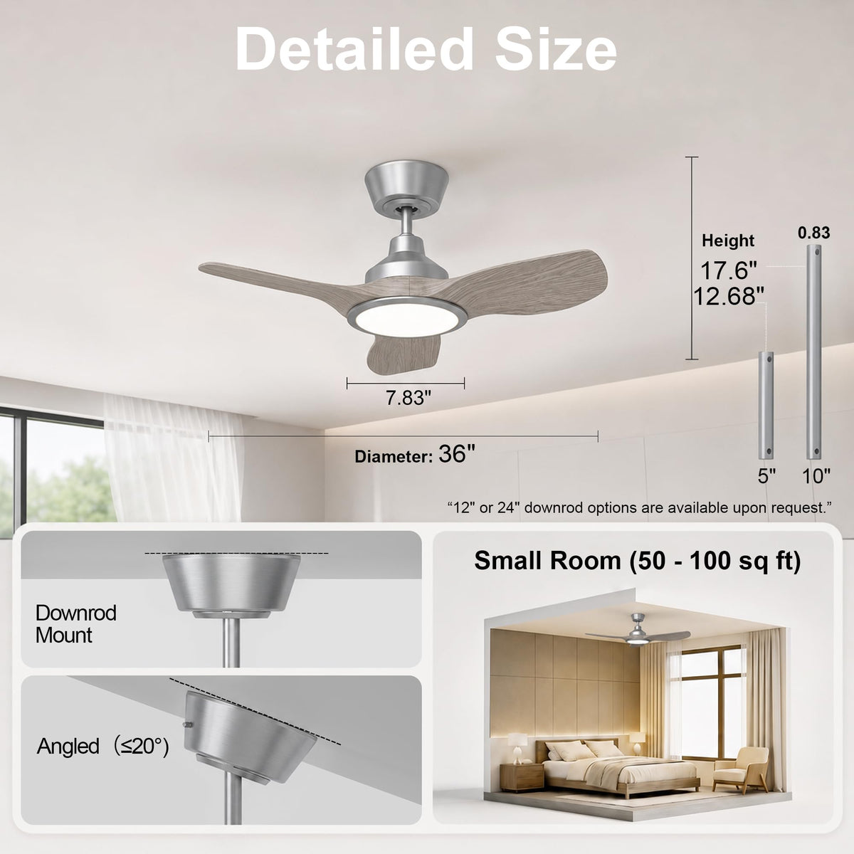 36" Small Ceiling Fan with Light (Brushed Nickel / 36 Inch)