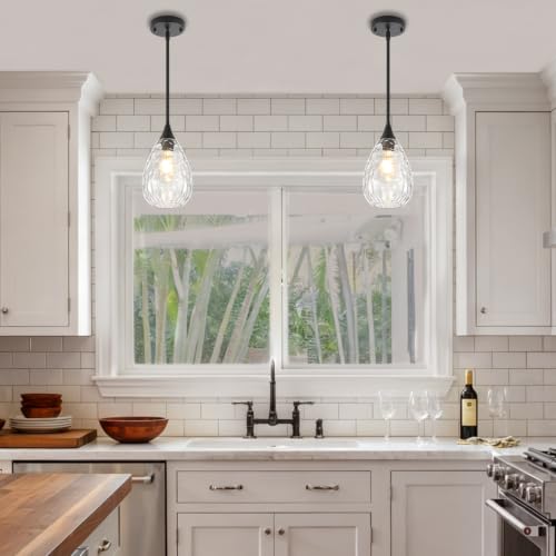 2 Pack Black Pendant Lights Kitchen Island Hammered Glass Light Fixtures (2 Pack Black)