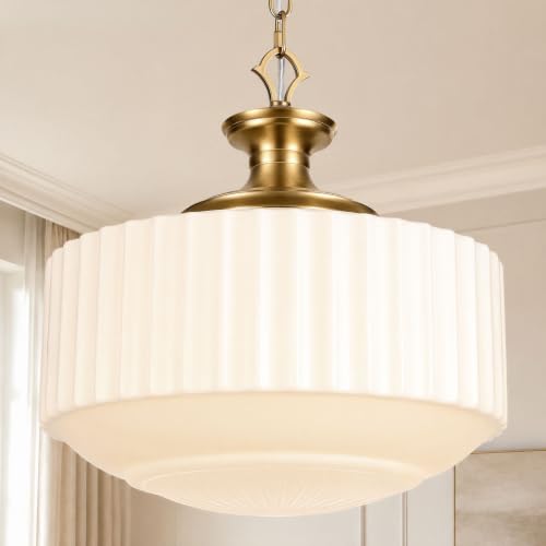 Vintage Brass Milk Glass Pendant Lights Fixture (14-In-Brass)