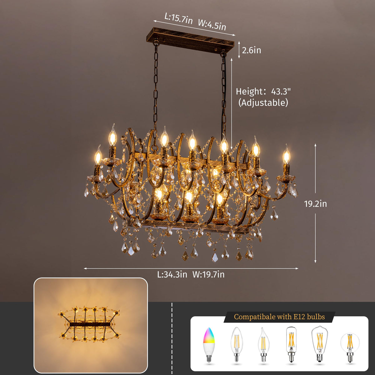 15 Lights Crystal Chandeliers Farmhouse Dining Room Light Fixtures (Amber / 34 inch)