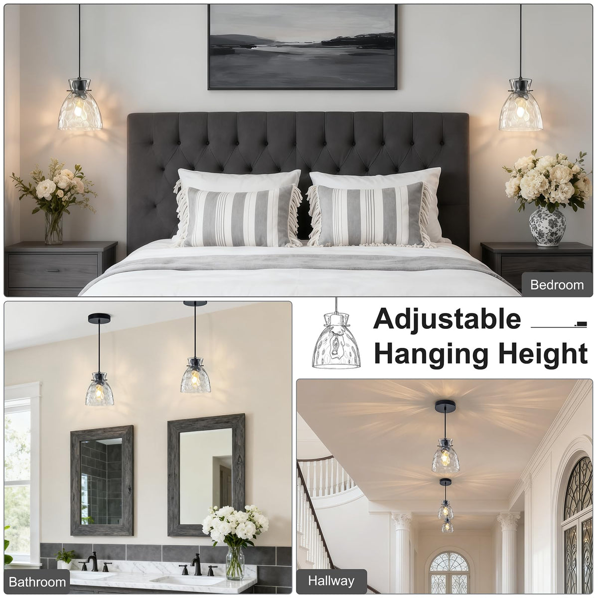 6" Mini Hammered Glass Black Pendant Lights Kitchen Island Lighting 1 Pack (1-Pk Black / D5.9")