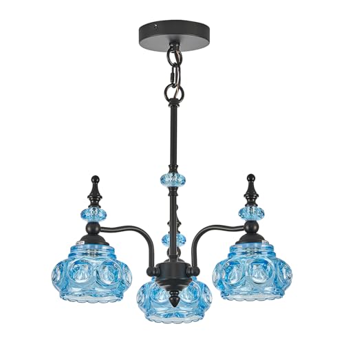 Vintage 5 Lights Gold Glass Pendant Lighting Rustic Style Chandelier Matte Brushed Antique Brass Finish with Crystal Glass Shade for Kitchen Island