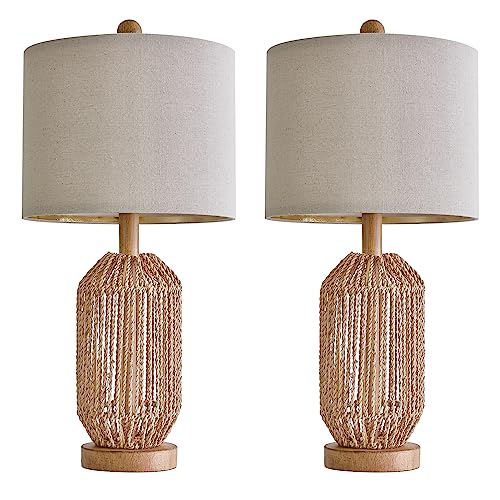 21" Boho Table Lamps Set of 2 for Living Room (Wood Brown)
