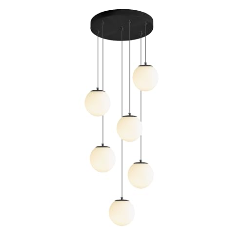 6 Light Black Chandelier with White Globe Glass Dimmable Ceiling Light Glass Pendant Light for Kitchen Island (Black-White / Globe 6-Light)