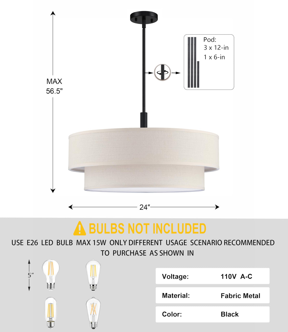 5 Light 24" Cream Fabric Shade Hanging Black Farmhouse Pendant Light (Black / 24")