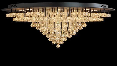 48in Large Crystal Chandelier for Living Room Foyer Dining Room Hallway Dimmable 2700k 4500k 6000k (Black / W:48inches)