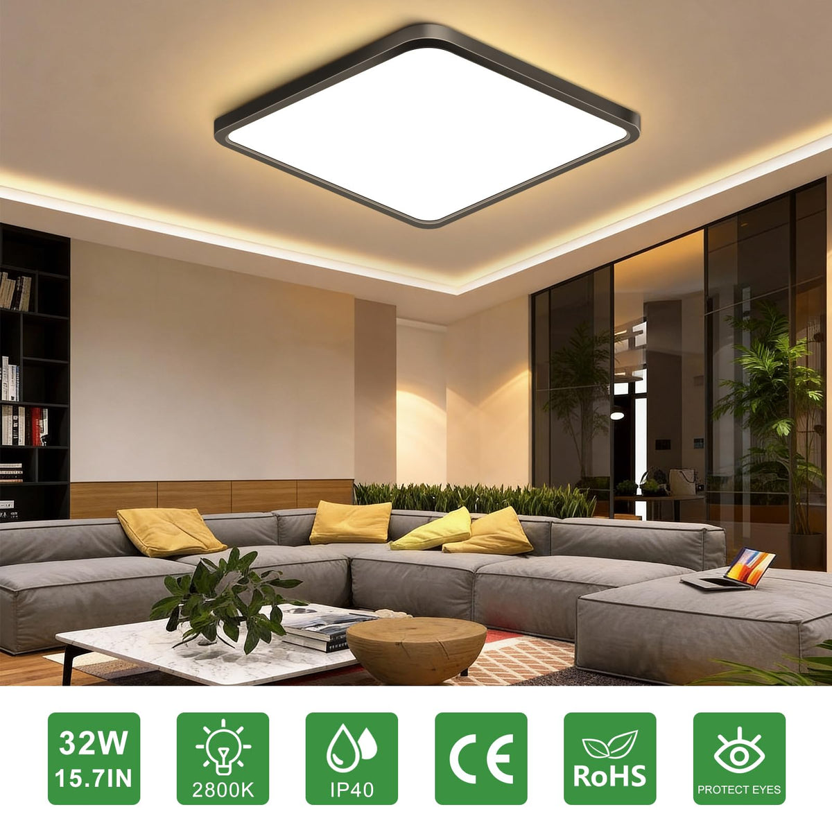 15.7Inch 32W Square LED Ceiling Light Fixtures Flush Mount (Warm White / 15.7 inch Black)