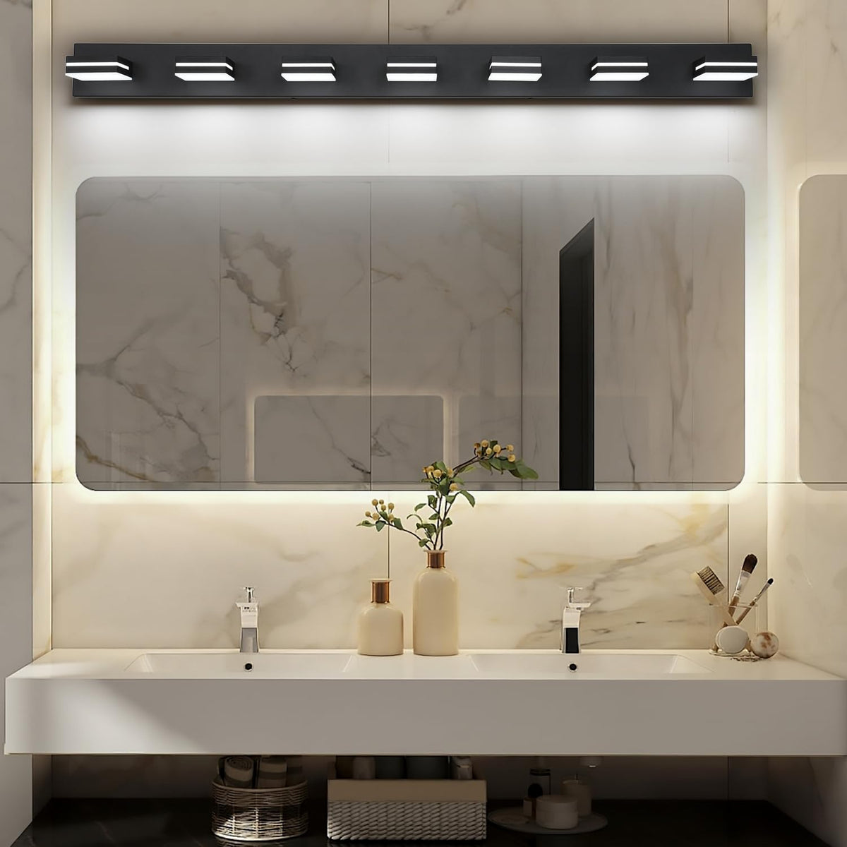 LED Modern Bathroom Vanity Light Fixtures (7-Light, 55-Inch / Black, White)