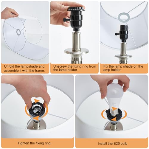 Table Lamp for Bedroom Set of 2 with USB C+A Ports (Silver Base + White Lampshade)