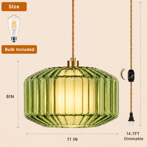 Plug in Pendant Light Glass Hanging Lights with Plug in Cord Boho Hanging Lamp Gold Mid Century Modern Vintage Dimmable Green Plug in Chandelier Ceiling Fixture for Living Room (Pendant Light-30)