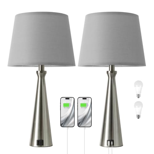 Touch Table Lamps for Living Room Set of 2(Grey Shade) (J. Silver Base-Grey Shade)