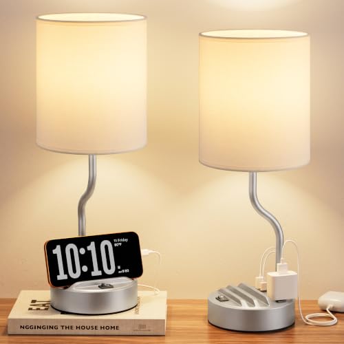 Bedside Lamp for Bedroom Set (White & Silver Grey)