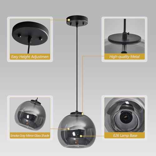 Mirror Smoke Gray Glass Pendant Lights Kitchen Island (Mirror Smoke Gray(7.87 in) / 2-Pack)