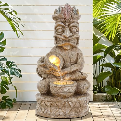 23" H Tiki Statue Outdoor Water Fountain with LED Lights (Tiki Natural Wood Color)