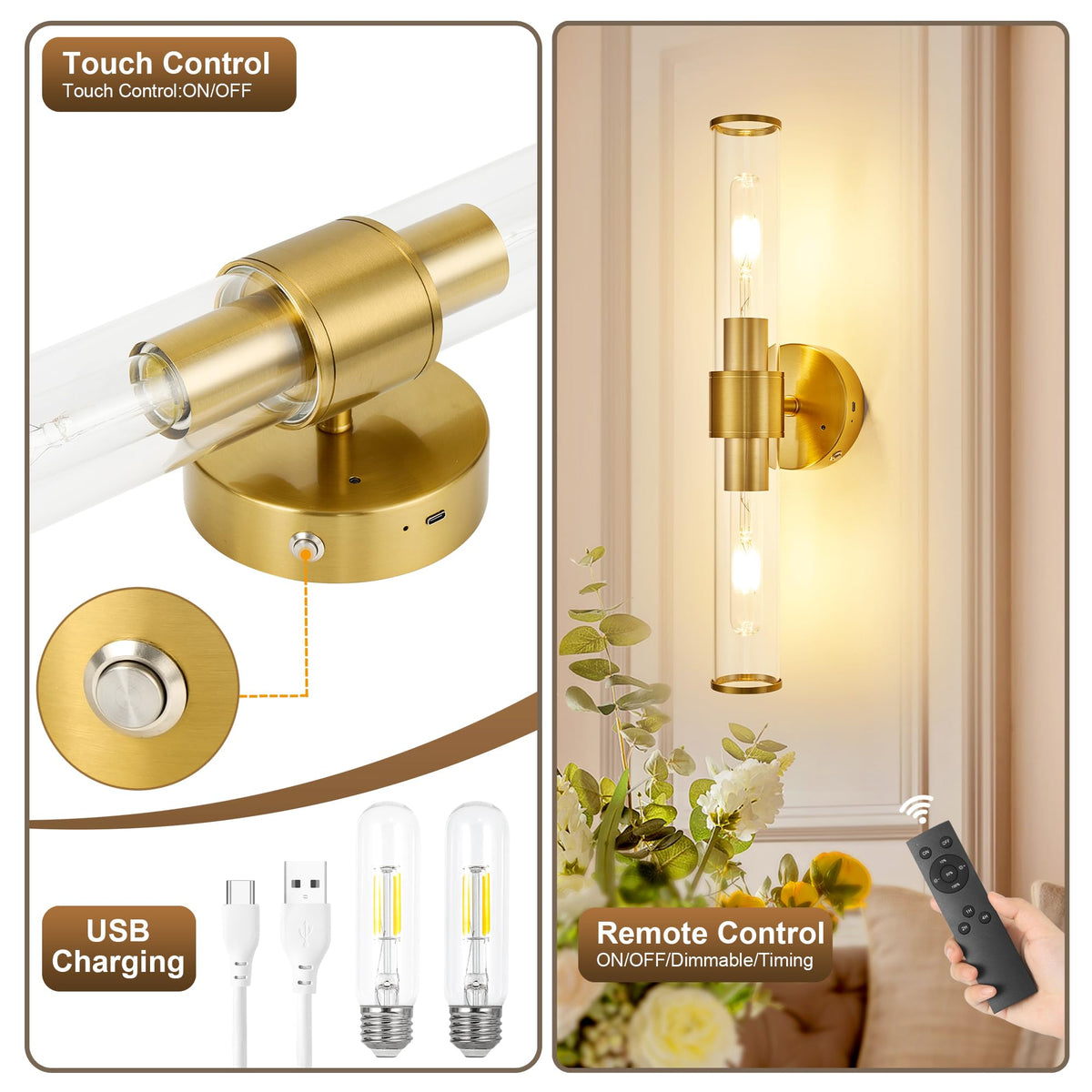Gold Battery Operated Wall Sconces Set of 2 (Gold)