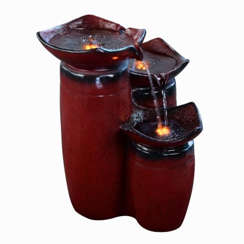 3 Tiered Floor Water Glazed Pots Fountain with LED Lights and Pump for Outdoor Patio Garden Backyard Decking Décor (Gradient Red)