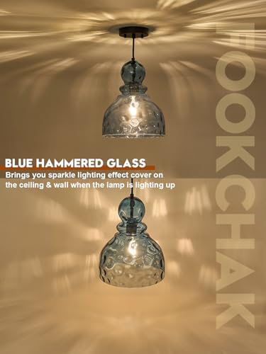 Coastal Pendant Light Blue Hammered Glass Kitchen Island Lights 10in Large Pendant Hanging Light for Dining Room Kitchen Sink Hallway Entrance (Blue)