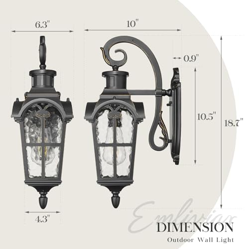 Motion Sensor Outdoor Wall Light (Black & Gold Edges - Water Glass / 18.7 Inch - Motion Sensor)