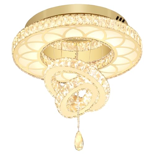 20" Modern Crystal Chandeliers for Living Room Gold Ceiling Chandelier LED Crystal Ceiling Light Flush Mount Chandelier for Bedroom Dining Room Entryway (Gold / W:20inches)